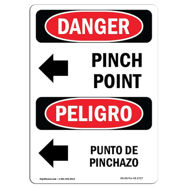 OSHA, Pinch Point Bilingual, 24in X 18in Rigid Plastic, 18" W, 24" L, Spanish, OS-DS-P-1824-VS-1717